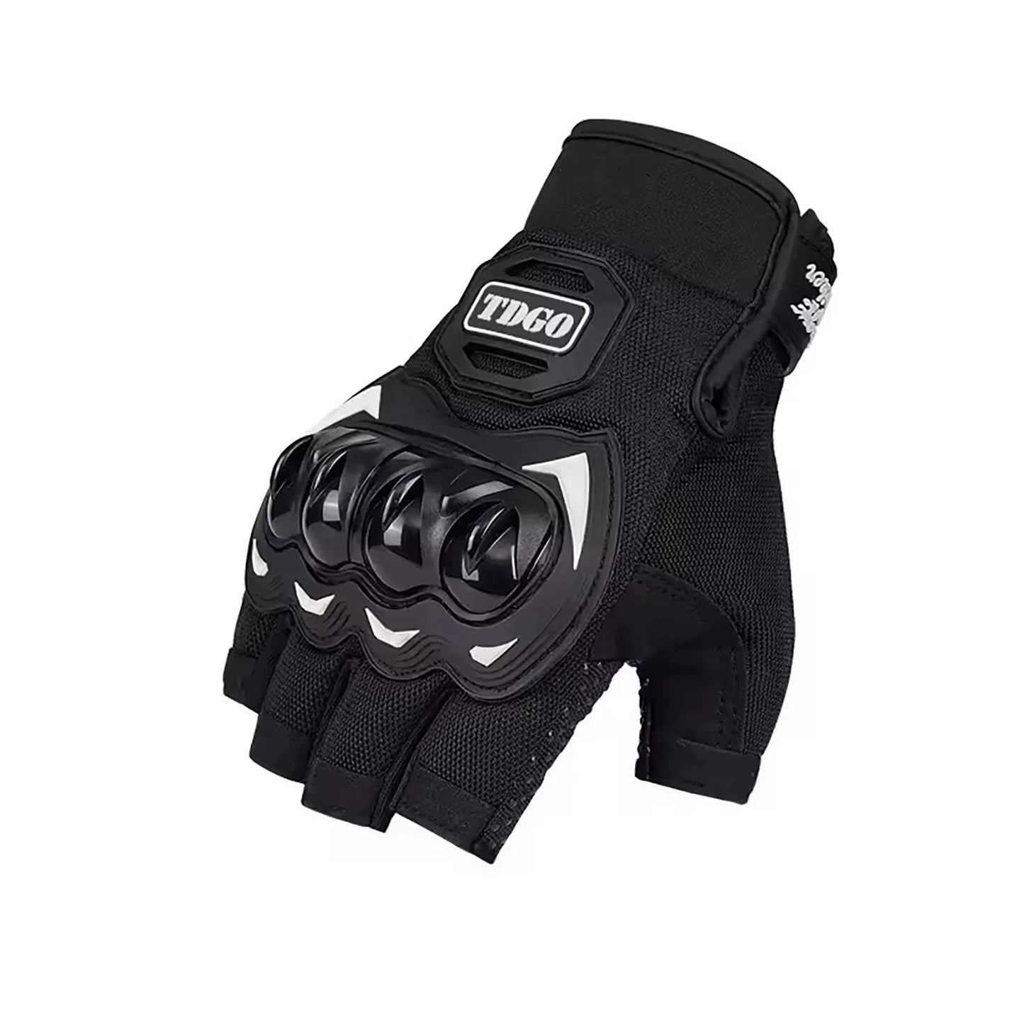 Black half-finger motorbike gloves with reinforced knuckle protection and TDGO logo