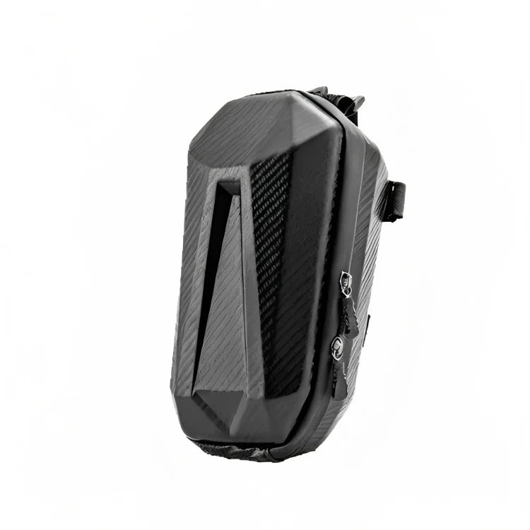 Black hard-shell bike tool bag with angular design, dual zipper closure, and side attachments