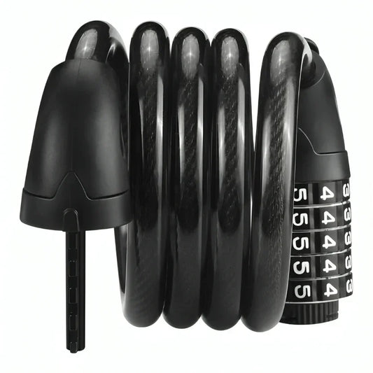 Black coiled combination bike lock with numeric dial and key locking mechanism