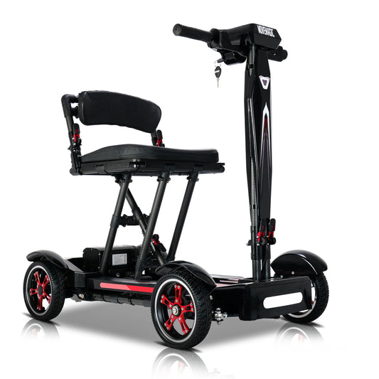 Black electric mobility scooter with foldable seat and red-accented wheels on white background