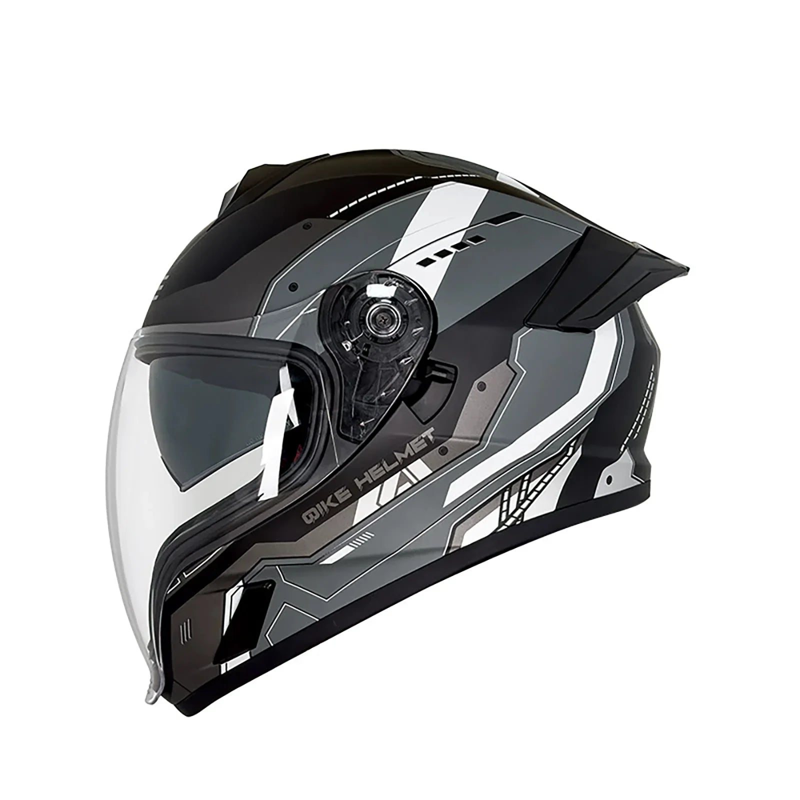 Modern full-face motorcycle helmet with black, gray, and white geometric design and clear visor
