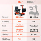 Comparison table of red mobility scooter with padded ergonomic seat, 35-mile range, 45L capacity, 350-watt brushless motor