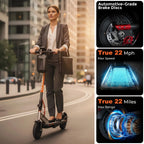 Businesswoman riding a LifeMagic electric scooter in city street, with automotive-grade brake discs and 22 mph speed and 22 miles range features