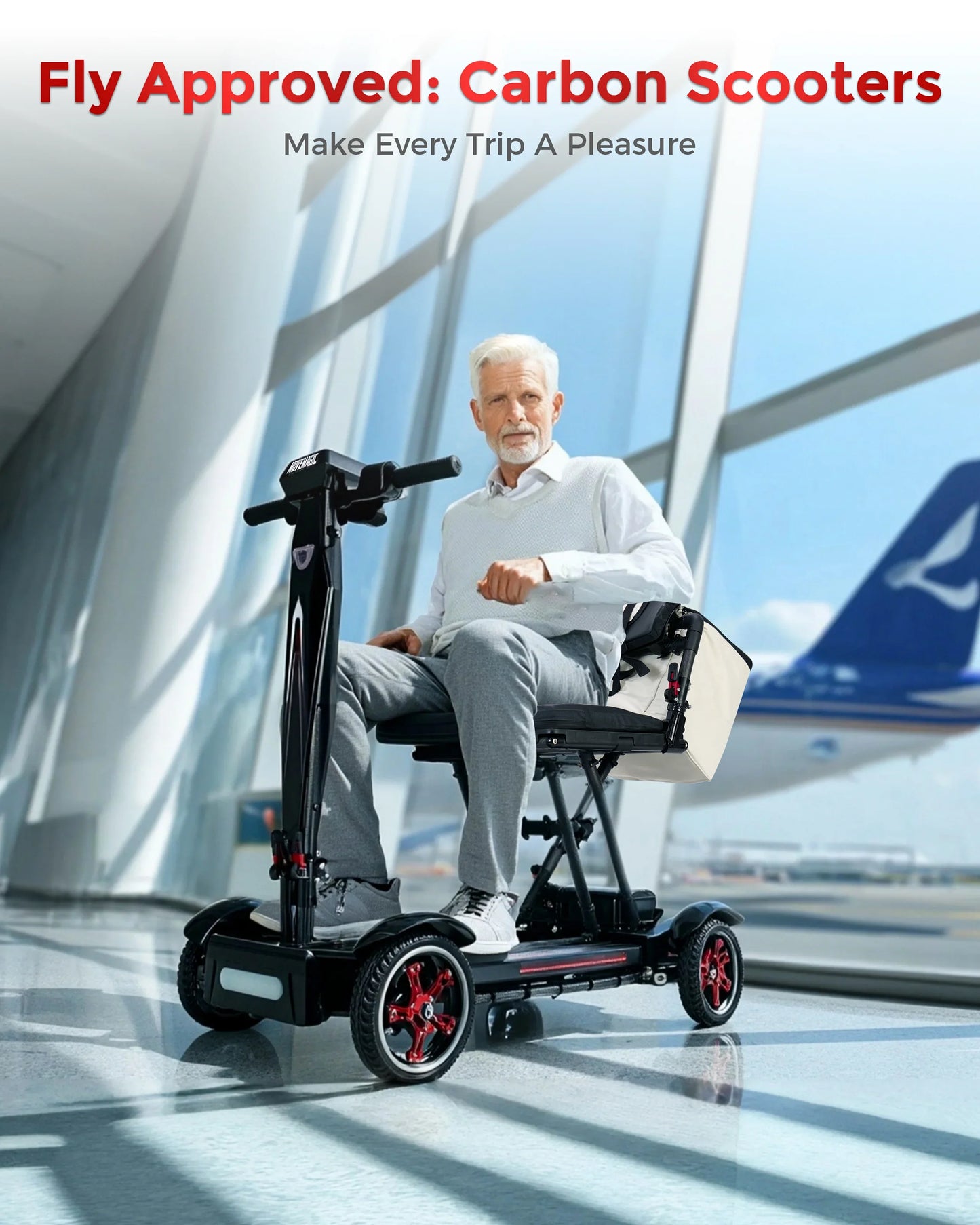 Older man seated on a black carbon scooter inside an airport terminal with airplane visible outside