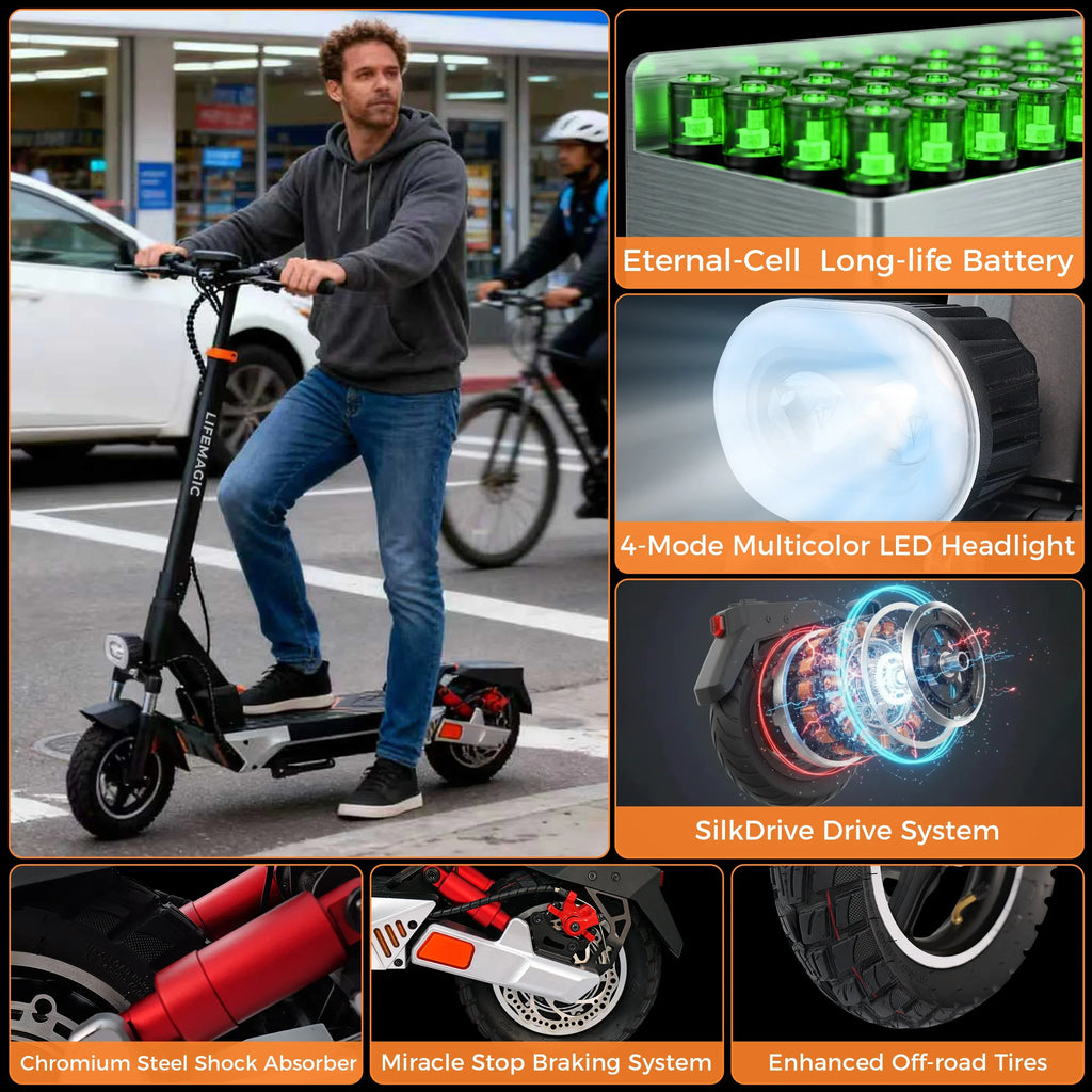 Man standing on Lifemagic electric scooter in city, featuring Eternal-Cell battery, LED headlight, SilkDrive system, shock absorber, braking system, off-road tires