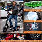 Man standing on Lifemagic electric scooter in city, featuring Eternal-Cell battery, LED headlight, SilkDrive system, shock absorber, braking system, off-road tires