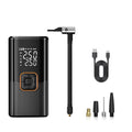 Portable digital tire inflator pump with LED display, USB-C charger cable, and multiple nozzle adapters