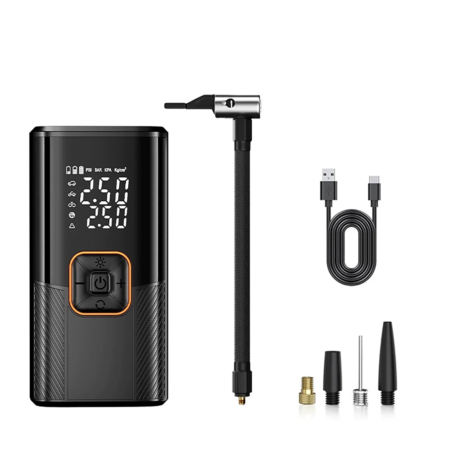 Portable digital tire inflator pump with LED display, USB-C charger cable, and multiple nozzle adapters