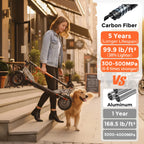 Woman carrying foldable scooter walking down steps with golden retriever dog on city street