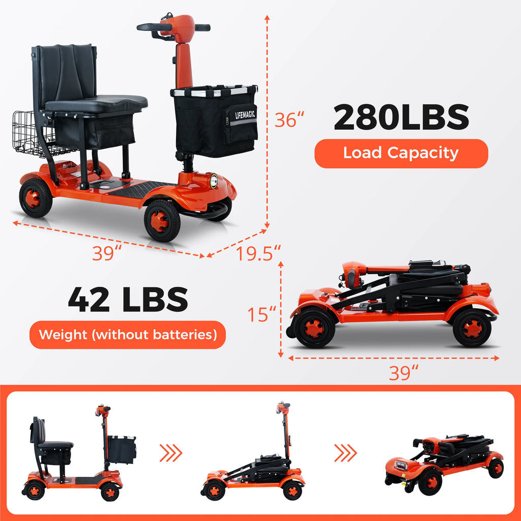 orange foldable mobility scooter with black seat and basket, dimensions 39x19.5x36 inches, 280 lbs load capacity, 42 lbs weight without batteries