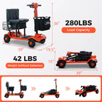 orange foldable mobility scooter with black seat and basket, dimensions 39x19.5x36 inches, 280 lbs load capacity, 42 lbs weight without batteries