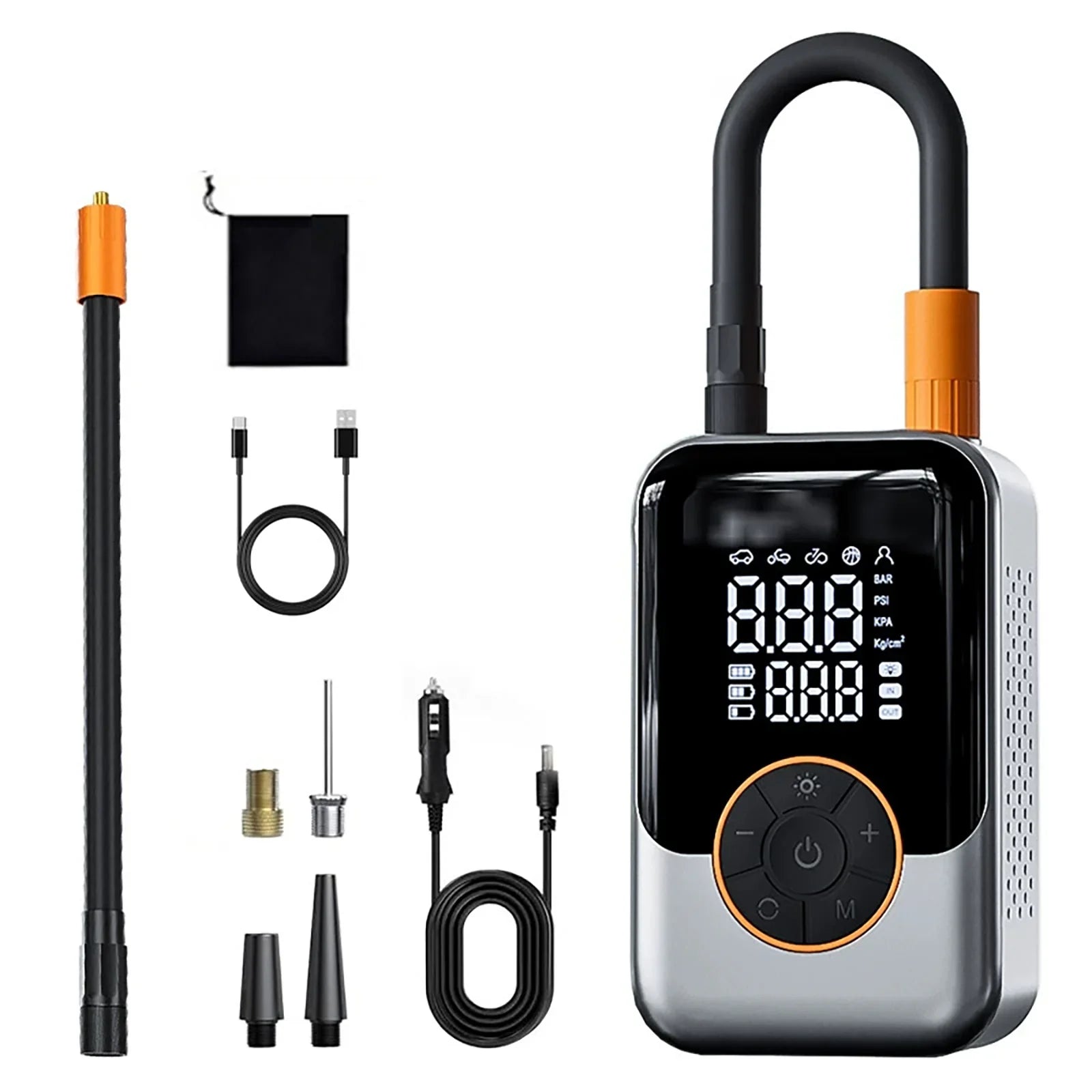 Portable digital air compressor pump with LED display and accessories for inflating tires and sports balls