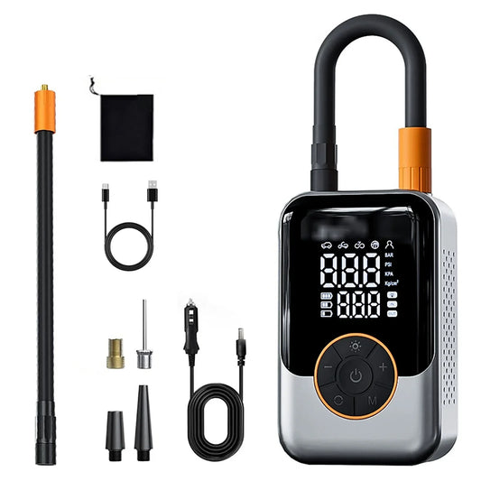 Portable digital air compressor pump with LED display and accessories for inflating tires and sports balls