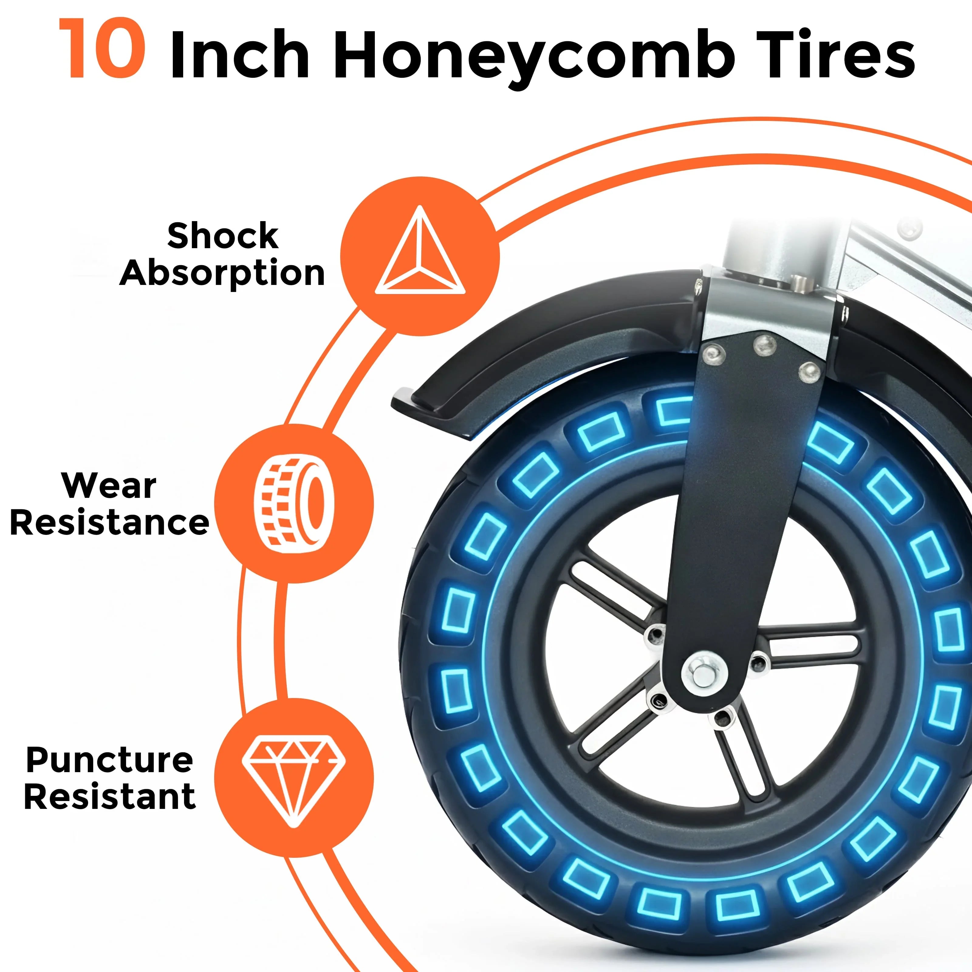 Close-up of 10 inch honeycomb tire for electric scooter featuring shock absorption, wear resistance, and puncture resistance