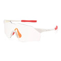 Clear sports sunglasses with white and red frame and orange nose pads