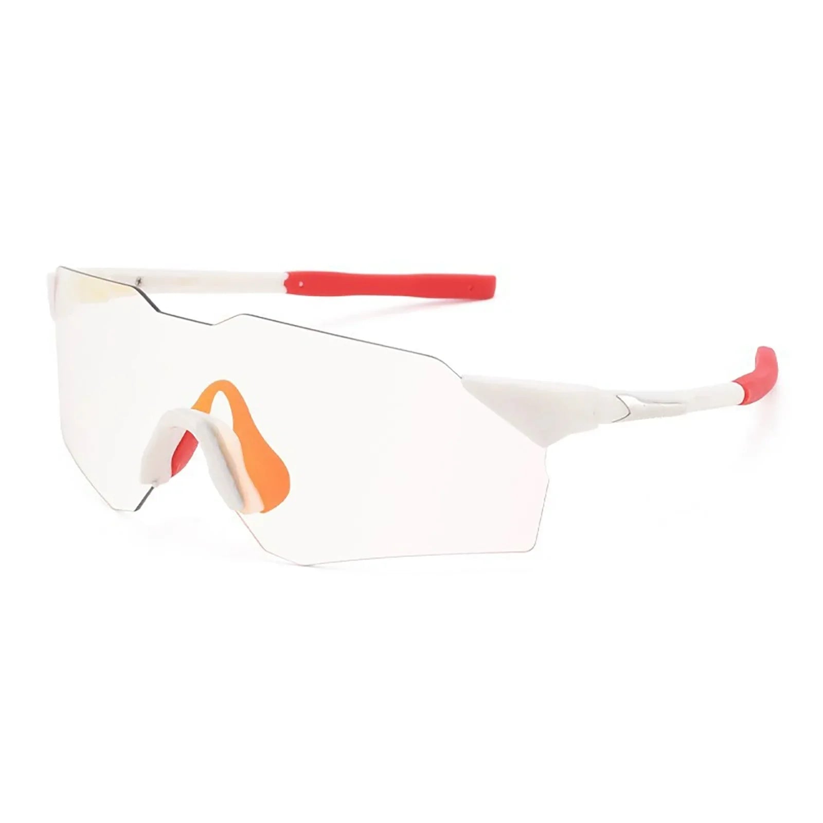 Clear sports sunglasses with white and red frame and orange nose pads