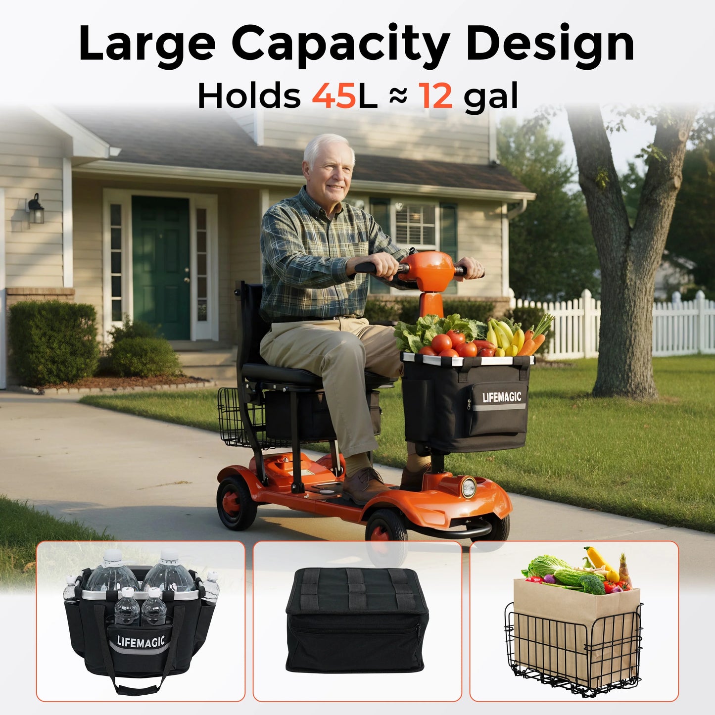 Senior man riding orange mobility scooter with large black Lifemagic storage bag filled with groceries