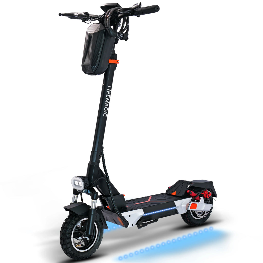 Black electric scooter with LED lights, front storage bag, and rugged tires by LIFEMAGIC on white background