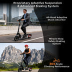 Businessman and older man riding LifeMagic electric scooters in city and mountain settings showcasing suspension and braking features