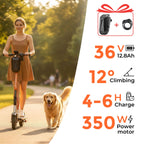 Woman riding electric scooter on path with dog, electric scooter specs and lock included