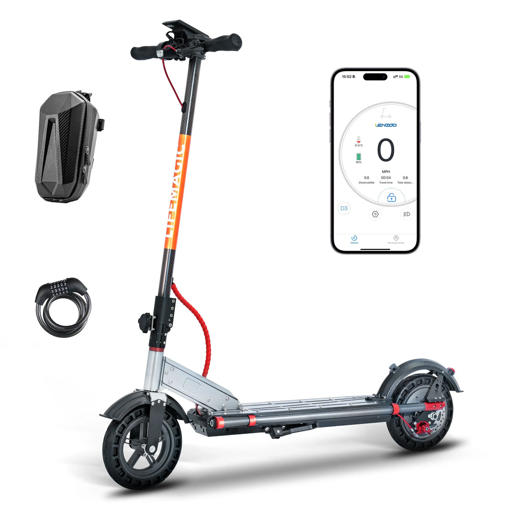Lifemagic electric scooter with app display, carrying bag, and combination lock on white background