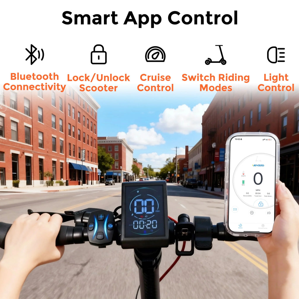 Hands controlling electric scooter handlebars with digital display and smartphone app in urban street