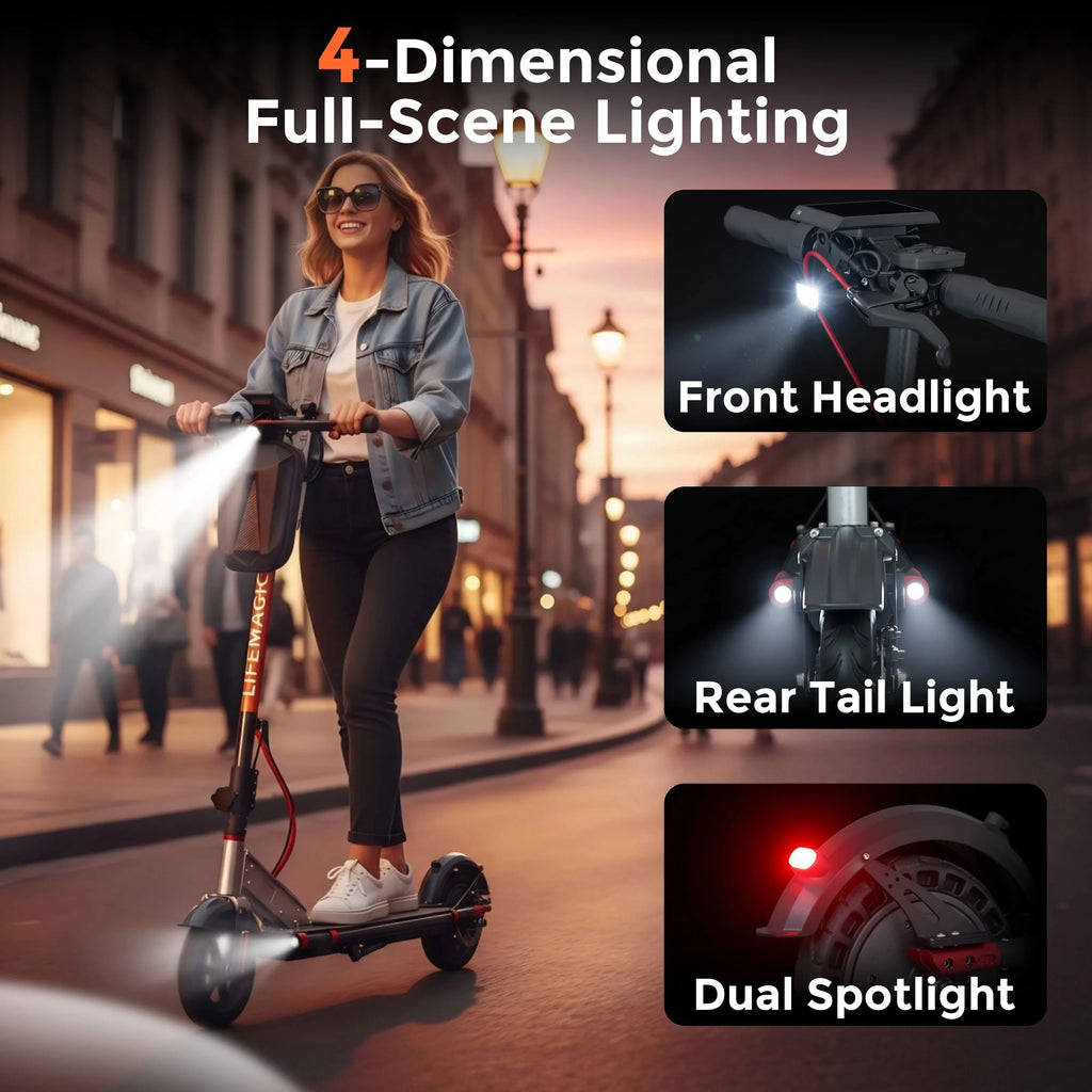 Woman riding electric scooter with front headlight, rear tail light, and dual spotlight in city street