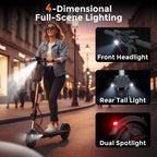 Woman riding electric scooter with front headlight, rear tail light, and dual spotlight in city street