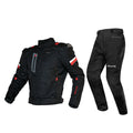 Black motorcycle jacket and pants with red and white accents, Sulaite brand protective gear