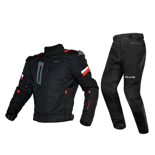 Black motorcycle jacket and pants with red and white accents, Sulaite brand protective gear