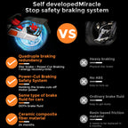 Comparison of advanced Miracle Stop safety braking system with traditional brakes featuring disc brake and power-cut braking