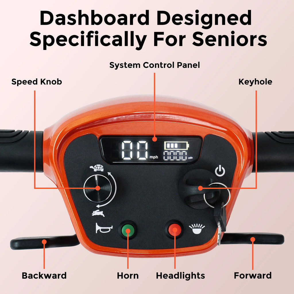 Orange scooter dashboard designed for seniors with speed knob, digital display, keyhole, horn, headlights, and forward/backward controls