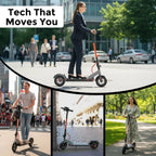 Collage of electric scooters in urban and park settings with people riding and scooter parked