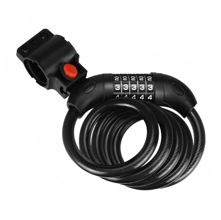 Black coiled cable bike lock with 4-digit combination and mounting bracket