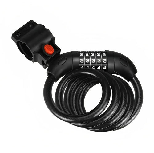 Black coiled cable bike lock with 4-digit combination and mounting bracket