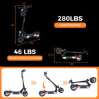 LIFEMAGIC electric scooter with dimensions, foldable design, 280lbs load capacity and 46lbs weight