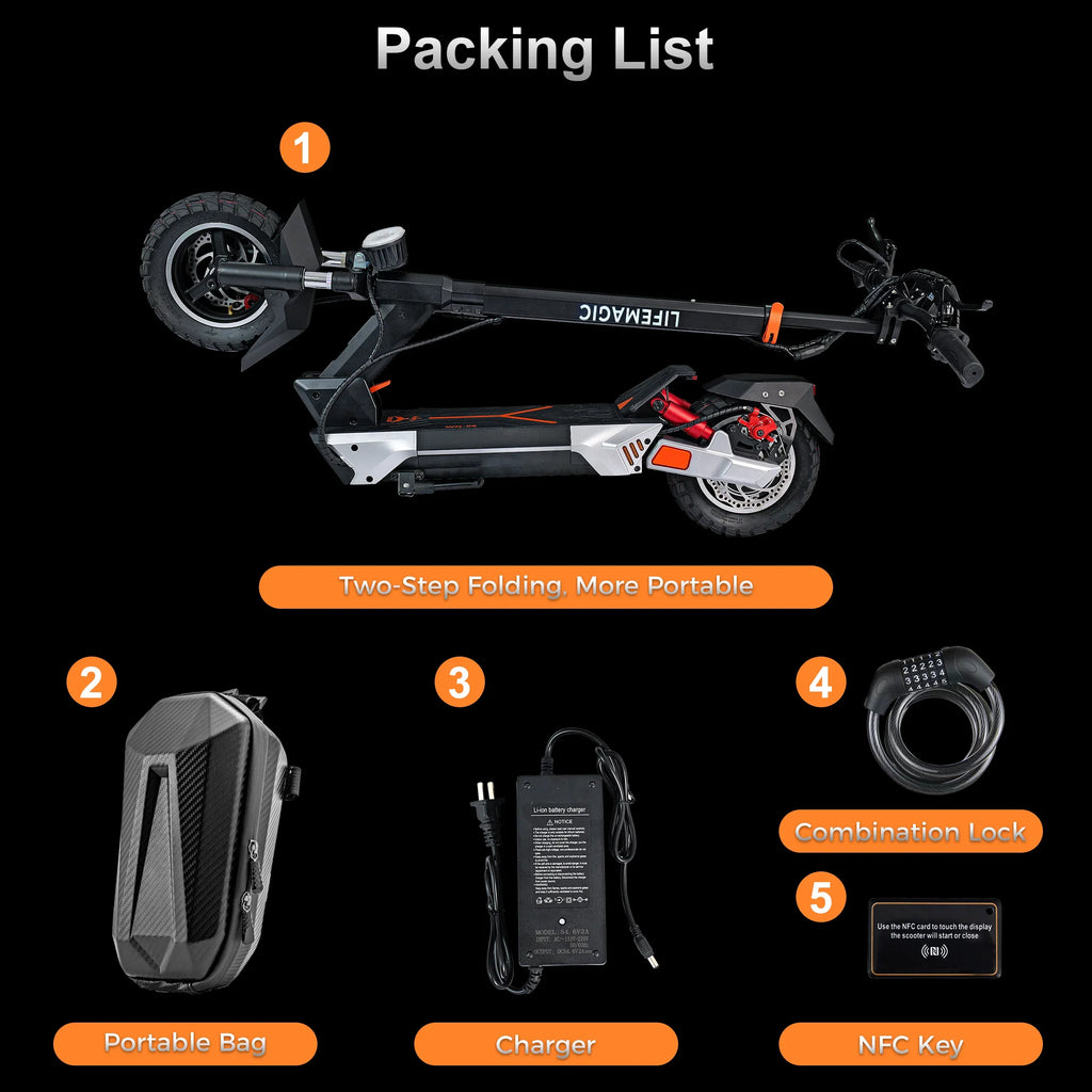 Folded electric scooter with portable bag, charger, combination lock, and NFC key on black background