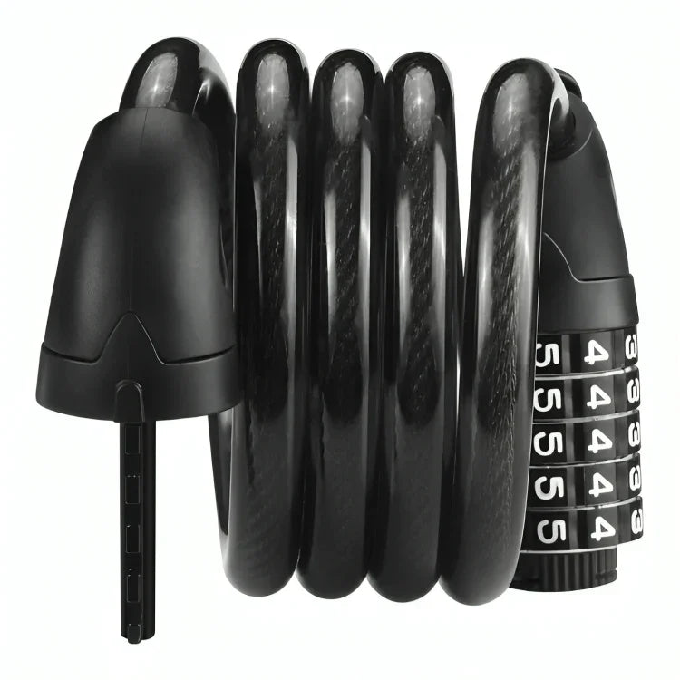 Black coiled combination bike lock with numeric dial and key locking mechanism