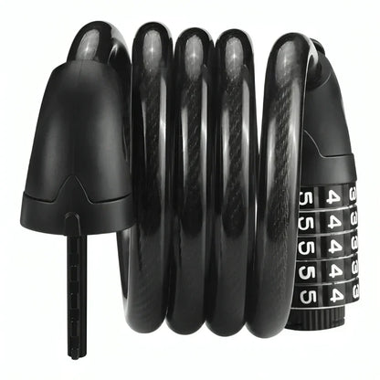 Black coiled combination bike lock with numeric dial and key locking mechanism