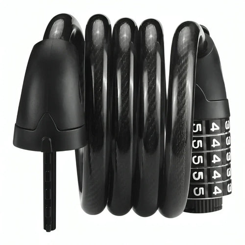 Black coiled combination bike lock with numeric dial and key locking mechanism