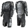 Black full-body motorcycle protective armor suit with padded chest, back, shoulders, elbows, and knees