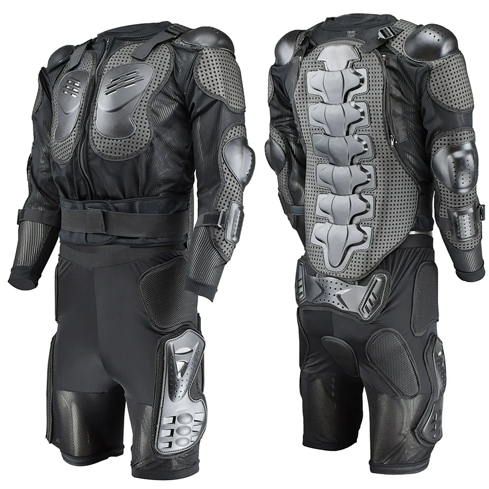 Black full-body motorcycle protective armor suit with padded chest, back, shoulders, elbows, and knees