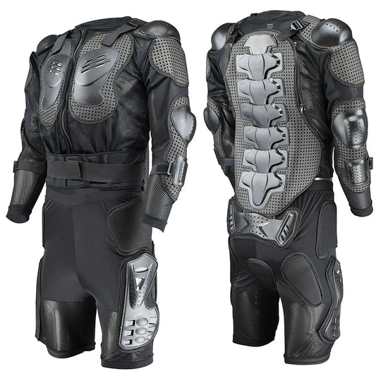 Black full-body motorcycle protective armor suit with padded chest, back, shoulders, elbows, and knees