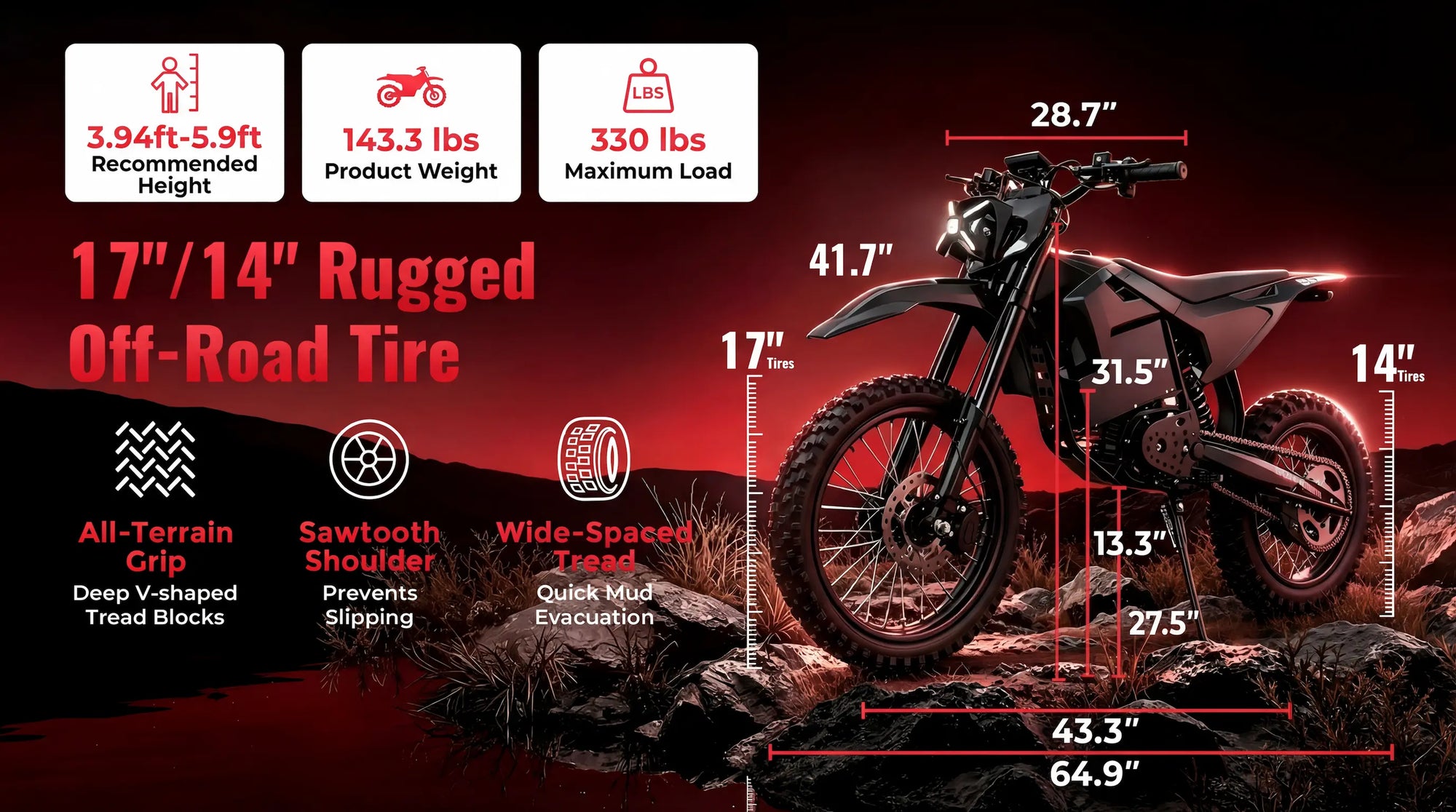 Massive 17"/14" Tires for Ultimate Terrain Control