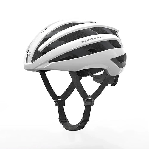 White and black lightweight Xunting cycling helmet with adjustable black straps and ventilation