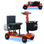 Orange foldable mobility scooter with black cushioned seat and front storage bag labeled Lifemagic