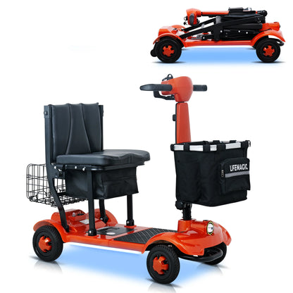 Orange foldable mobility scooter with black cushioned seat and front storage bag labeled Lifemagic