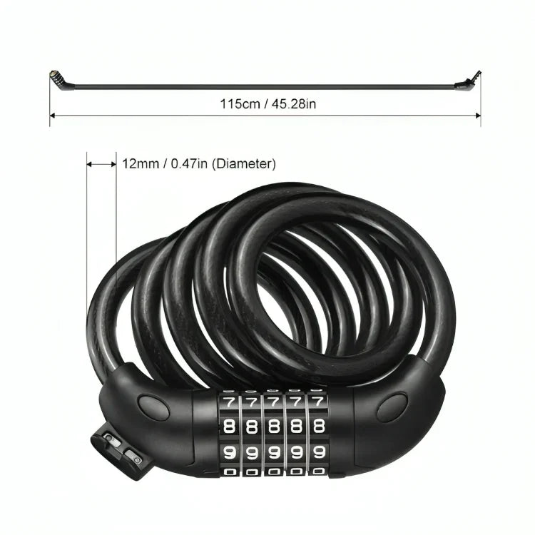 Black coiled combination cable lock with 5-digit code, 115cm length and 12mm diameter