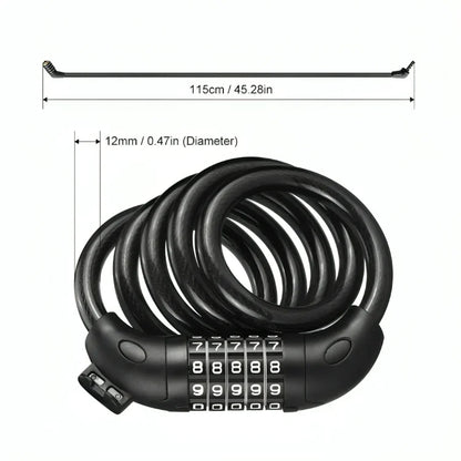 Black coiled combination cable lock with 5-digit code, 115cm length and 12mm diameter